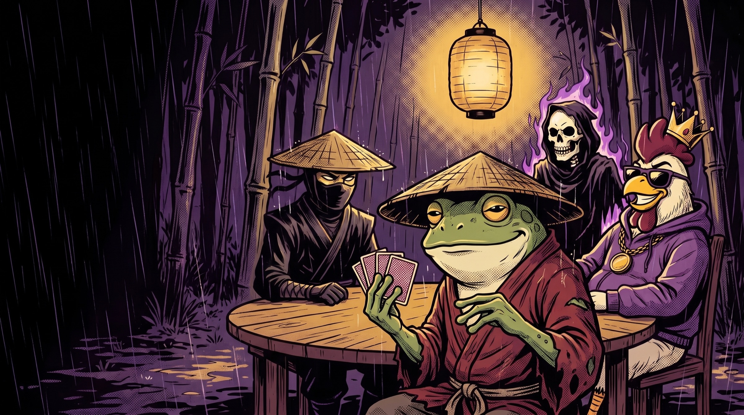 The Kabo table under one paper lantern in a rainy bamboo forest: the toad ronin fans four cards at you, Death grins over his shoulder, the rooster king lounges in sunglasses and a crown, and a ninja watches from the shadows.